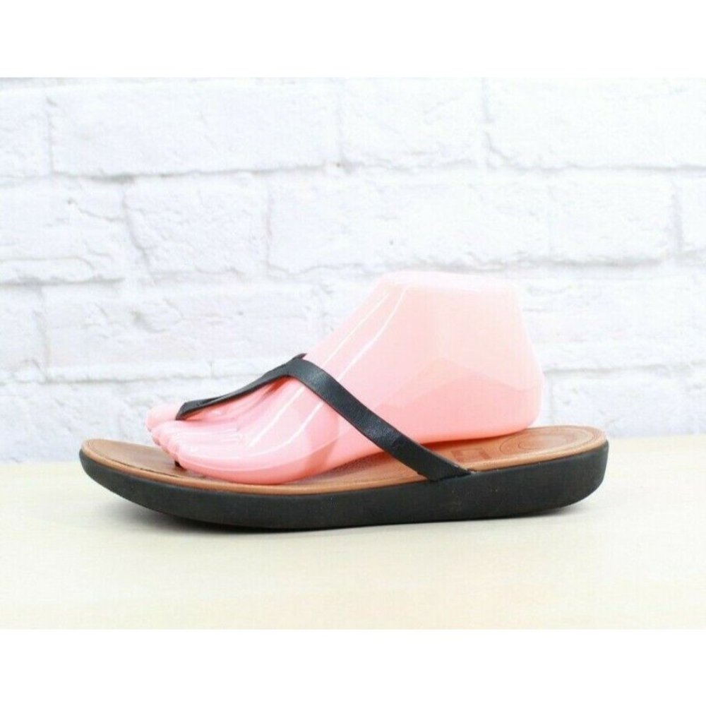 FITFLOP Banda Black Leather Thong Slim Wedge Thong Sandals Size 11 - Picture 1 of 9